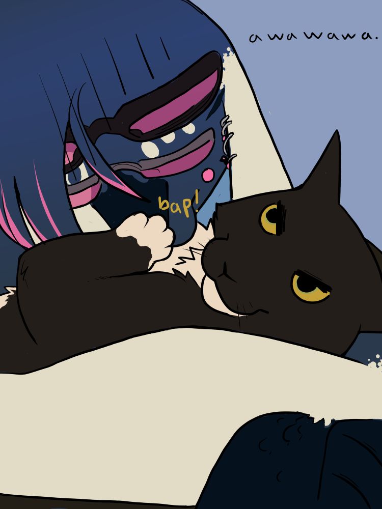 drawing: a tuxedo cat baps an anthro rabbit/bird hybrid creature on the snout. the bun creature goes "awawa" and looks disappointed and the cat has cartoonishly angry eyes, but looks silly and mischievous.