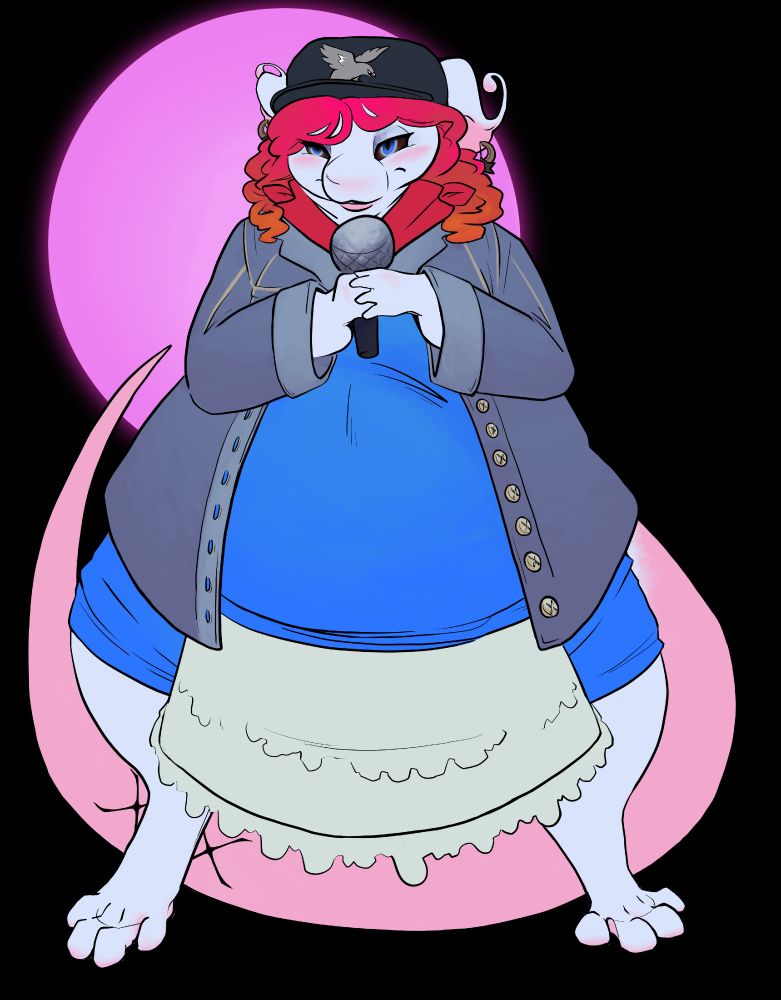 art of an AU and crossover of Niiue from Cogdis. he is chubby, with curly hair, but otherwise other than outfit is a fairly regular Niiue, a pale gieeg with a pink tail looking calm. he is cosplaying Miss Holloway from Starkid's Hatchetfield series, especially referencing the Run Away With Me music video in Killer Track - the outfit combines several of the ones seen throughout the video and episode: an electric blue diner uniform with apron, a denim jacket over that, and a Hatchetfield Nighthawks cap, as well as Niiue's usual red neckerchief. he has neon pink hair trailing down to coppery red hair close to Miss Holloway's. he is holding a microphone and stanced up with a pink sun behind him in reference to a pose from the music video.