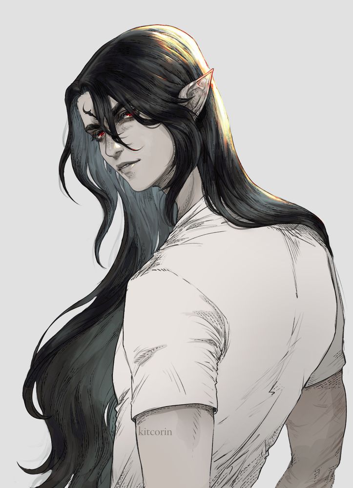 A colored illustration depiction a male elezen from the game Final Fantasy 14. He is a tall and toned young man with pale skin, long black hair and red eyes. He stares at the viewer with a slight smile, showing his canines. He is wearing a white shirt. 