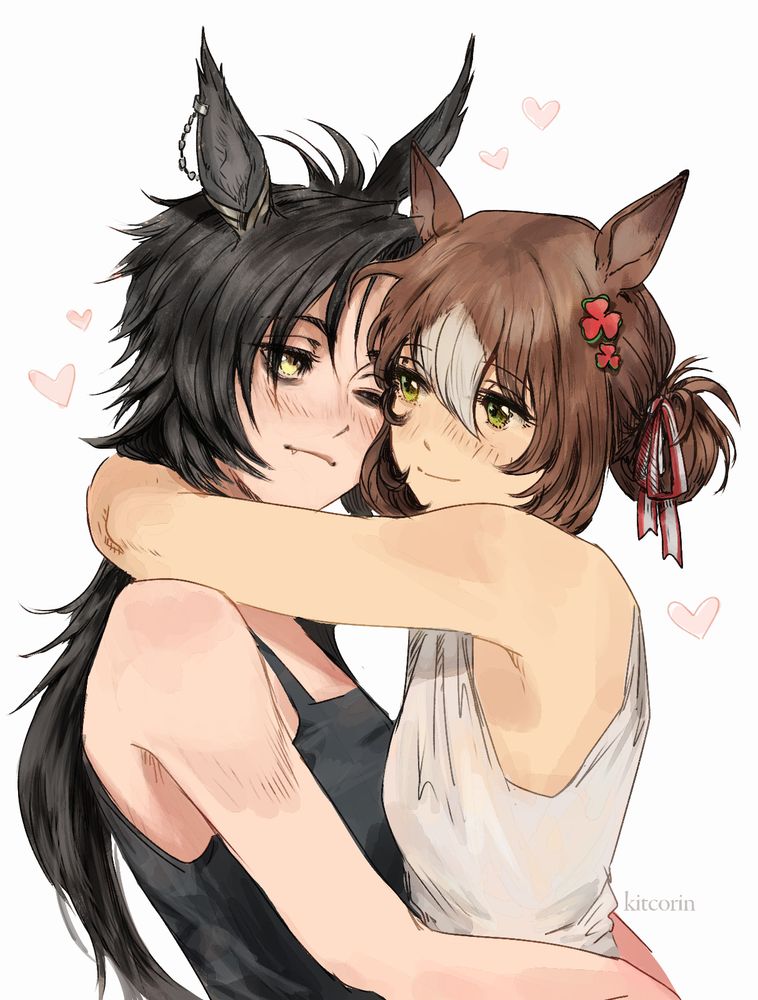 A colored sketch illustration depicting Air Shakur and Fine Motion from the game Uma Musume. They're hugging each other. 