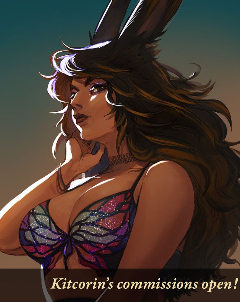 A painted illustration of a tan skinned Viera from Final Fantasy 14, with the caption "Kitcorin's commissions open!"