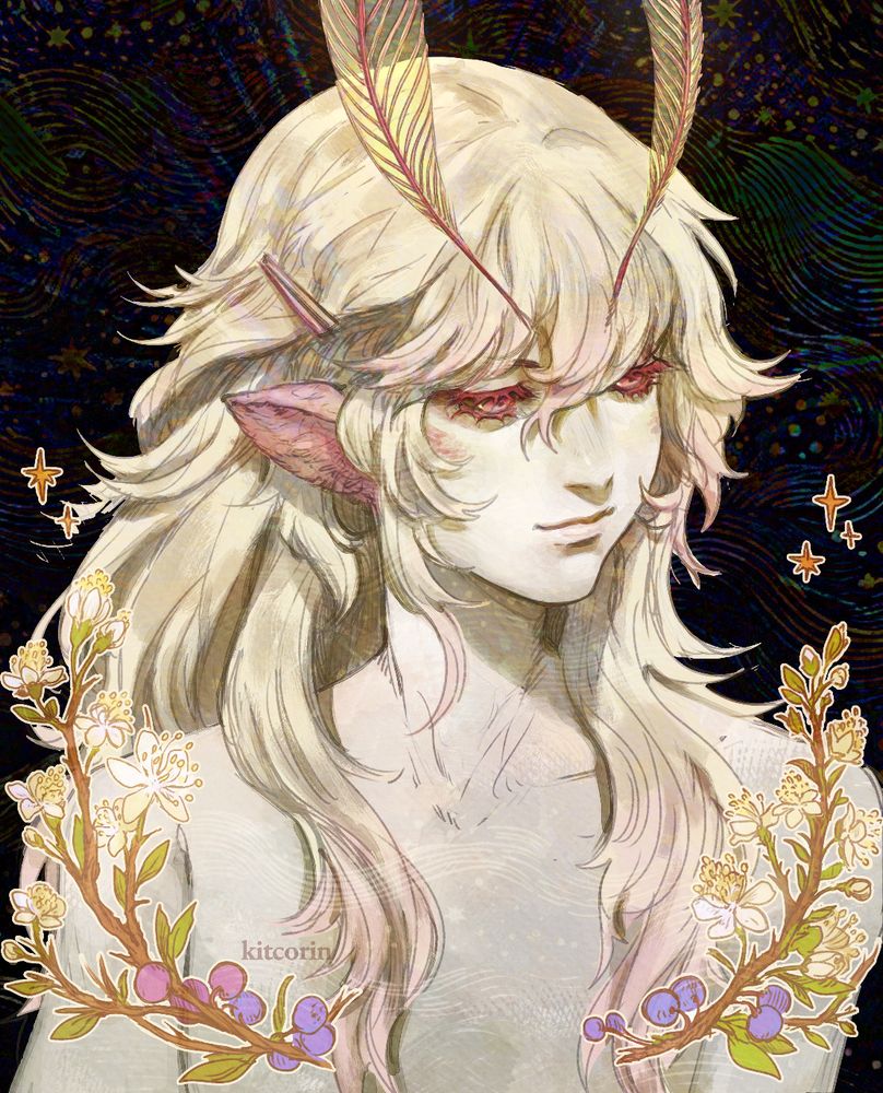 A colored illustration depicting an original character, Cailean. They are a humanoid alien with moth characteristics. Their skin is a very pale yellow, and they are looking to the side with a serene expression. They have dark pink eyes, eyelashes, and long flowing blonde hair with pink tips. They have big moth antennae, sprouting from their forehead. There are stylized blackthorn branches on the bottom of the illustration. 