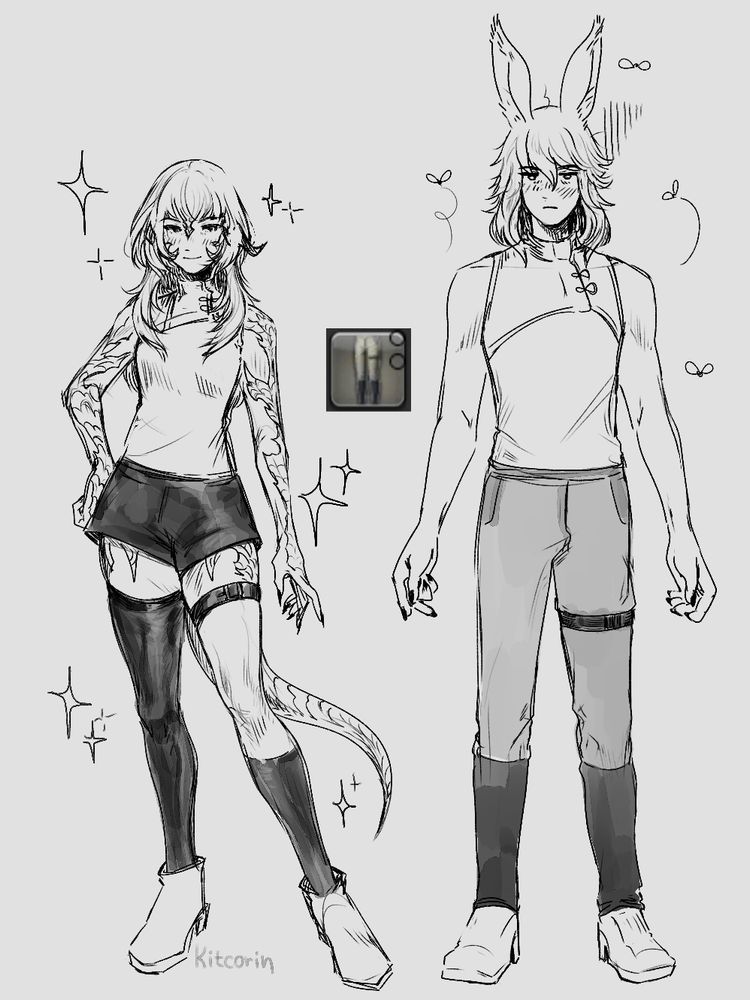 A sketch depicting two characters from Final Fantasy 14 wearing the same in-game piece of gear, but the female character has short shorts with asymmetrical cut while the male character has boring trousers on.