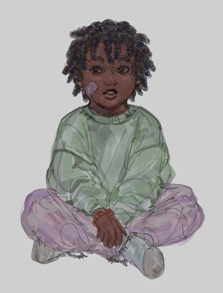 Digital drawing of a 3 year old girl, she wears a pale green sweater, lavender pants and grey socks. She has an orange beaded bracelet on, as well as a pink bandaid on her cheek. She notably has two silver stud earrings and silver anklets around her feet.