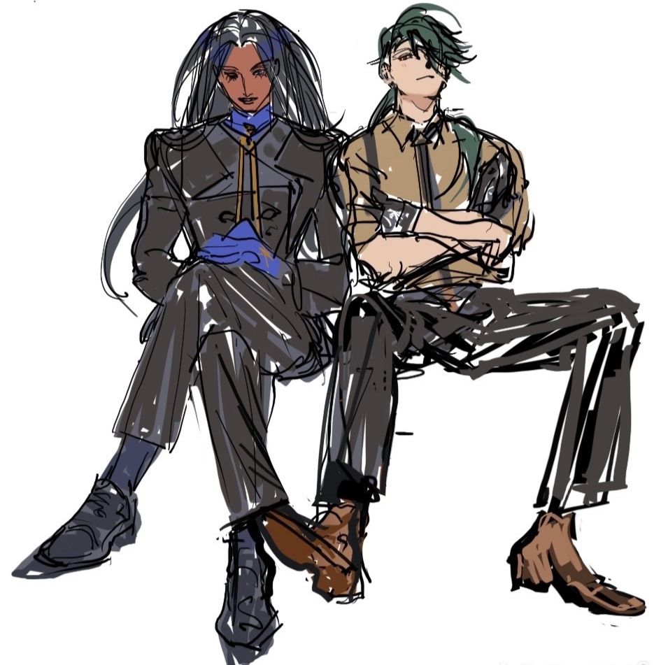 A drawing of Geeta and Rika from Pokemon scarlet and violet against a white background. They sit close together, Geeta's hands on her knee and one leg crossed over the other. Rika sits arms crossed and knees apart, toeing at the hem of Geeta's pant leg with her foot cheekily, with her head tilted back she looks at Geeta from the corner of her eye with a faint smirk, somewhat smug. Geeta has one eye open, peeking at Rika, a subtle knowing smile on her face.