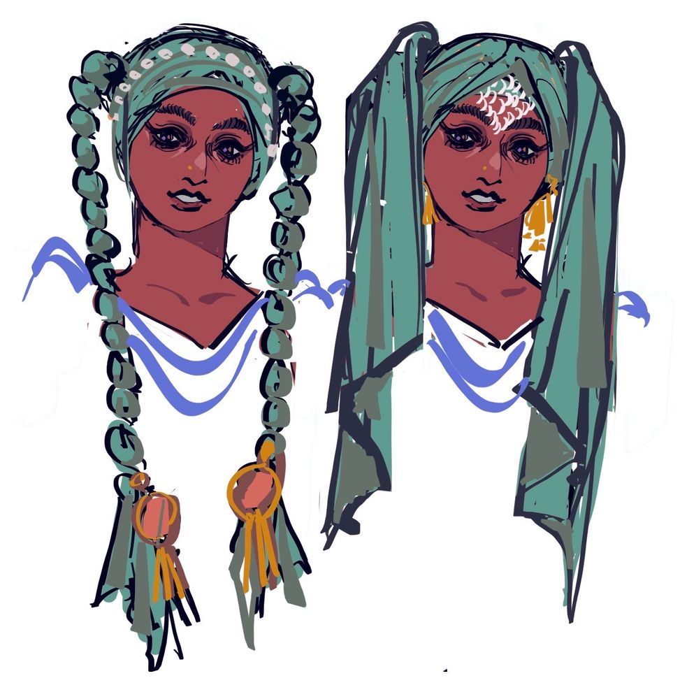 A bust drawing of Hatsune Miku as a punjabi girl. Her cyan hair is replaced by a turban in two different styles. The first is wrapped around the head with a silver beaded ornament crowning the head, the cloth knotted for resemble braids. The end of each 'braid' has a paranda, a type of indian jewellery usually woven as a tassel into the hair. The second style is triangle shaped and closed to a traditional Sikh turban, the loose ends drape like pigtails and a triangle of chainmail hangs over the forehead like the centre part of Miku's hair. This one wears large golden earrings as well. Both of them have loose periwinkle strokes painted over where the shoulders would be, giving the impression of a chunni or thin south asian scarf. Both of them have eyes lined with kohl or surma, a dark makeup applied around the eyes. They have a simple gold stud nose piercing.