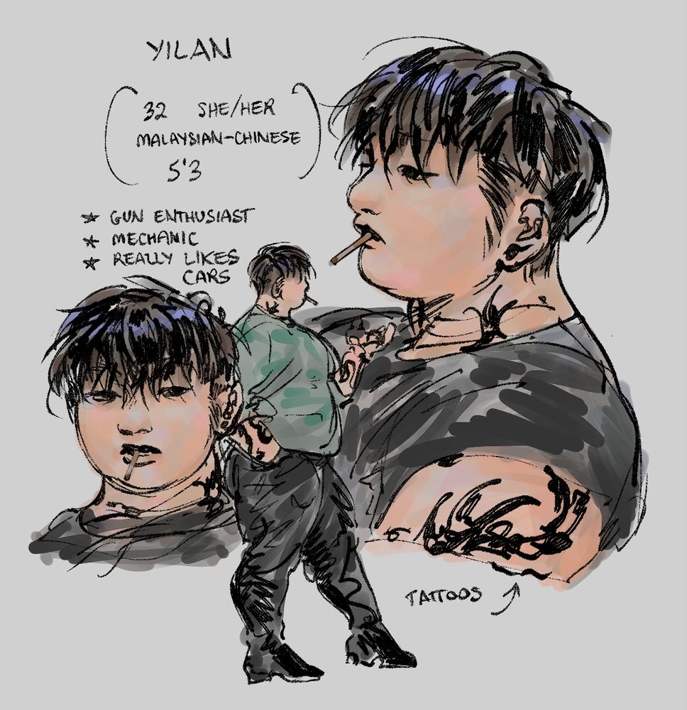 character sheet of Yilan, an original character sketched in black pen with simple shading, the text reads "Yilan, 32, she/her, Malaysian-Chinese, 5'2, gun enthusiast, mechanic, really likes cars" and arrow saying "tattoos" points to her upper arm. She has short black hair, sideburns and a cigarette in her mouth.