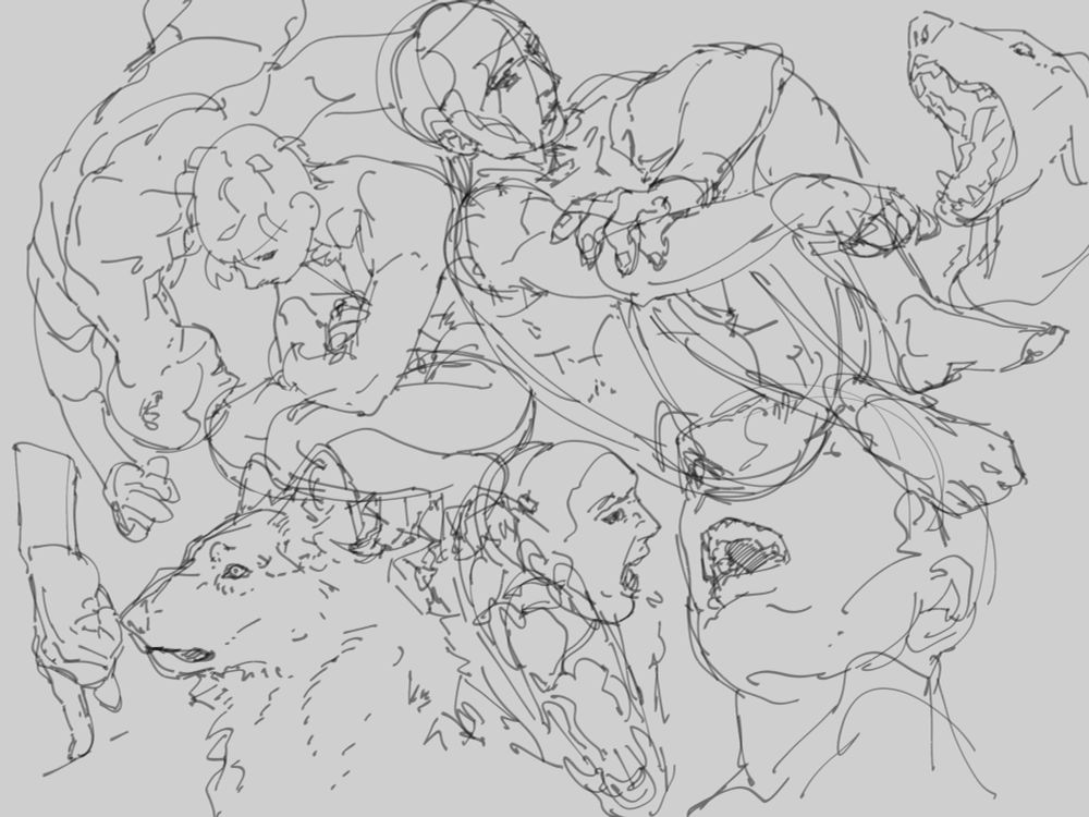 misc sketches with thin pen in clip studio, bodies, hands and dog heads.