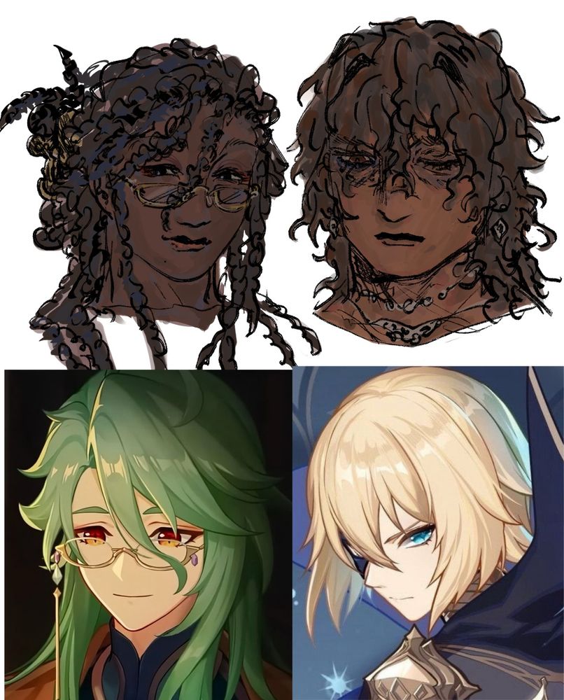 Sketches of two characters that resemble Dainsleif and Baizhu from Genshin Impact