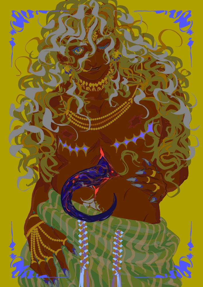 A portrait of a trans man. His long curly hair, nails and top scars are white against a yellow background, skin brown and adorned with various gold jewellery. He wears no shirt and only baggy striped pants made of silk presumably with elaborate drawstrings. A sliver of a happy trail peeks out from above the waistband. He winks at the viewer with a smile and clawed fingernails. A bizarre appendage slithers out from an opening in his belly, like a tentacle, as if the human body is just a vessel or facade for an eldritch monster of some sort. The image is drawn with vivid bleeding colours, disorienting and captivating.