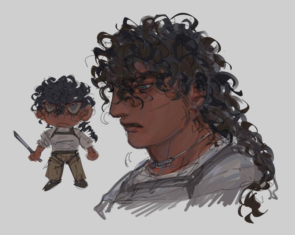portrait drawing of Aadavan my oc, he has dark curly hair, a silver necklace and a scar on his left cheek. He wears silver earrings. A smaller chibi version of him is to the left, holding a tiny sword.