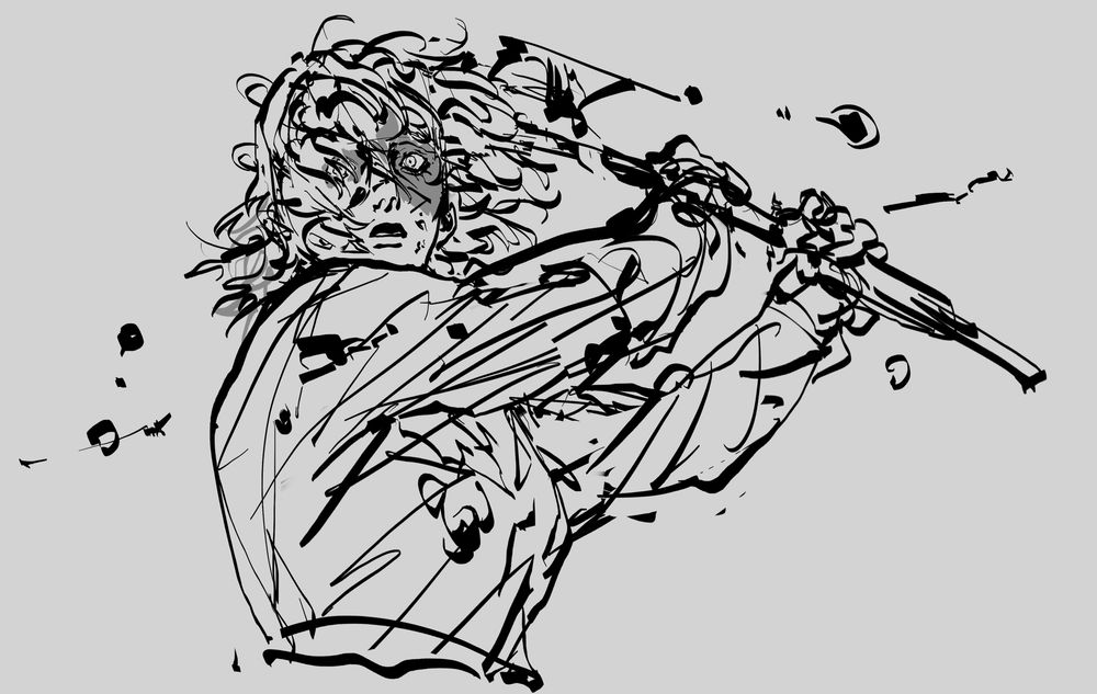 A sketch of Anya from mouthwashing wielding and axe mid-swing, blood droplets thrown. Her hair flies around her face, her gaze is unblinking and looking at you.