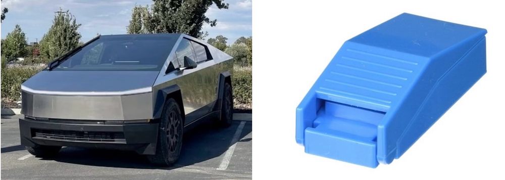 Side-by-side photos of the Tesla Cybertruck and a plastic pill cutter showing that they are basically the same shape.