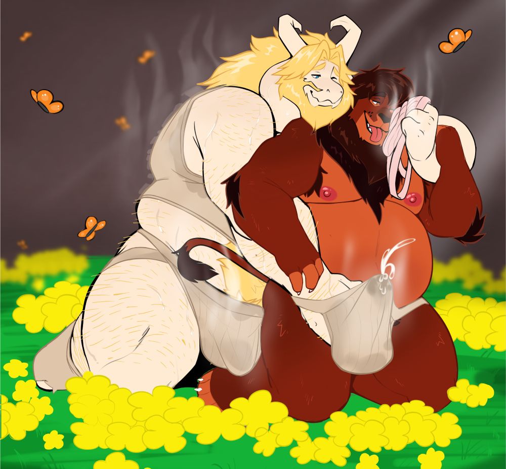 Asgore holding a pair of his musky underwear to Domingo's nose with a paw, and with his other, making Domingo relieve some tension through his underwear. The pair are wearing light-cream colored jockstraps, and Asgore has on a tank top and some beaten socks made of the same material.  Domingo and the large goat are sweaty and musky, and they sit kneeling together with Asgore's belly against Domingo's back in a bed of golden yellow flowers. Asgore's expression is gentle and soft, and Domingo has his tongue blepped out in pleasure.