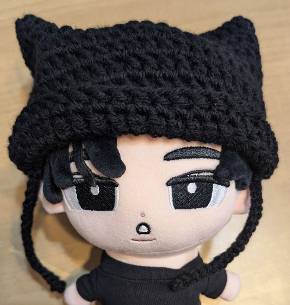黒い猫耳のニット帽を被ったぬいぐるみ