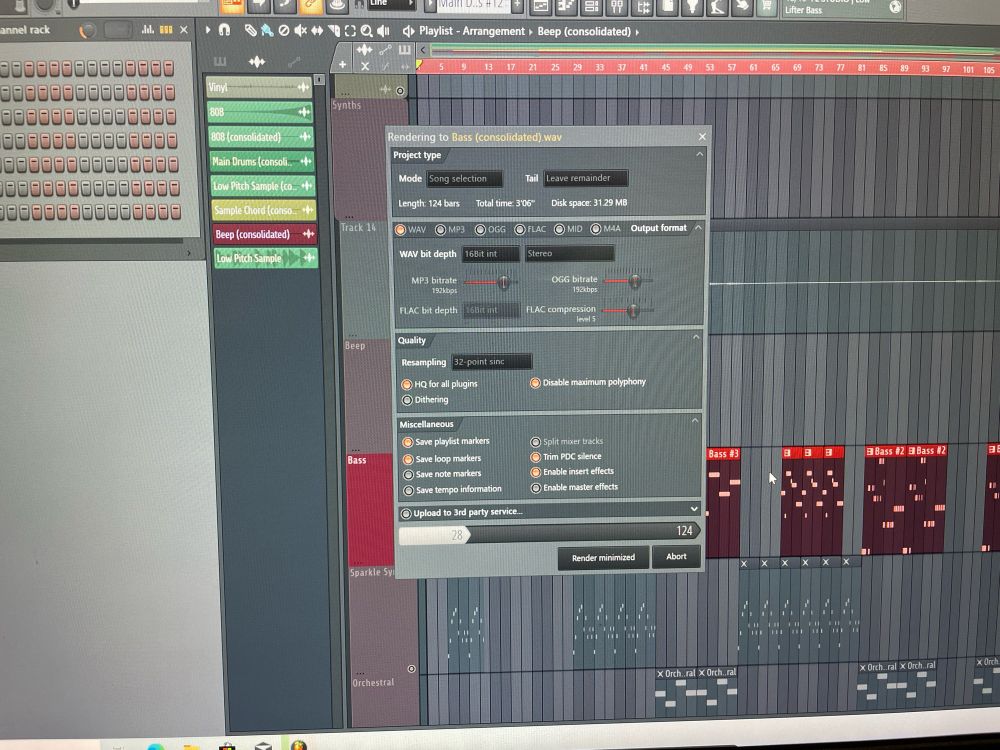 A photo of a pc screen displaying the FL Studio app exporting a stem from a song