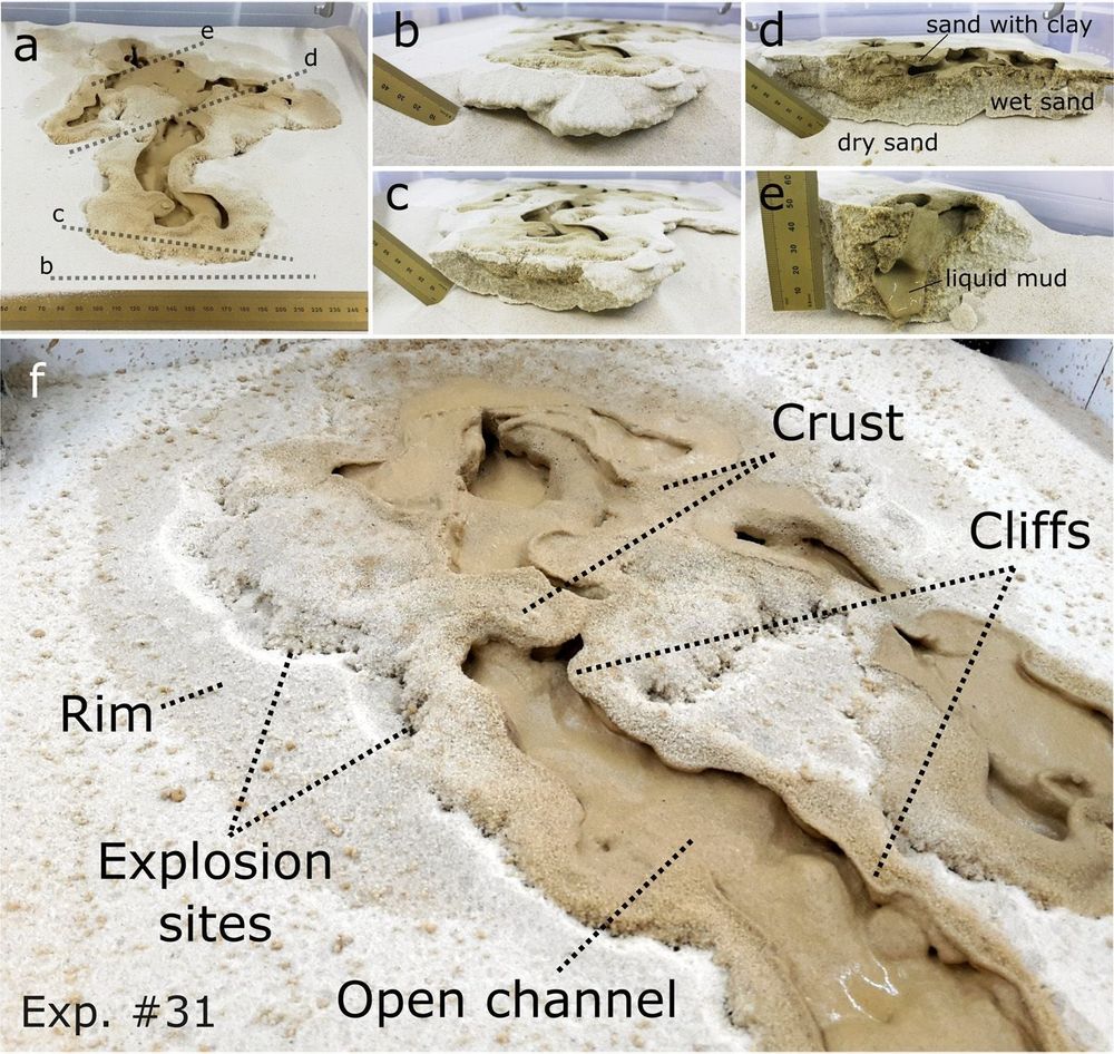 Image of a sandy slope on the scale of ~1 metre squared where water has run down it generating channels with cliffs crusts and a contract between the wet and dry sand. At the edges explosion sites are visible where water has boiled under low atmospheric pressures. 
