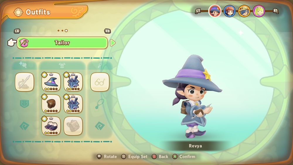 fantasy life i screenshot of the outfits menu. the character is dressed in a purple witch outfit with a big hat, and holding a large sewing needle.