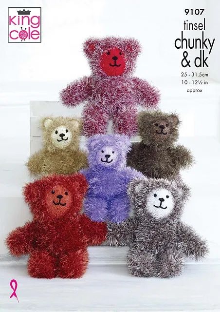 photo of six knitted teddy bears in various colors and sizes. their faces are made of normal yarn, while the rest of their bodies have long, tinsel-like fur. the bears look as if they were wearing bear costumes