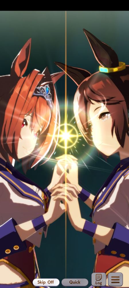 uma musume screenshot of daiwa scarlet and vodka, looking into each other's eyes and with their fingers intertwined (the inspiration screen)