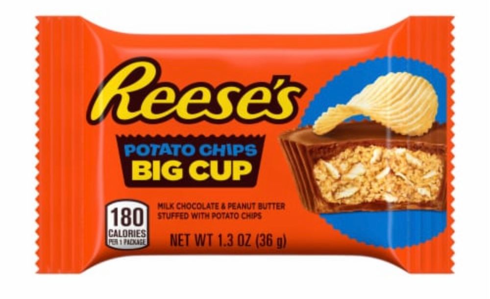 Image of a Reese’s Potato Chips Big Cup package showing a peanut butter cup stuffed with crumbled potato chips