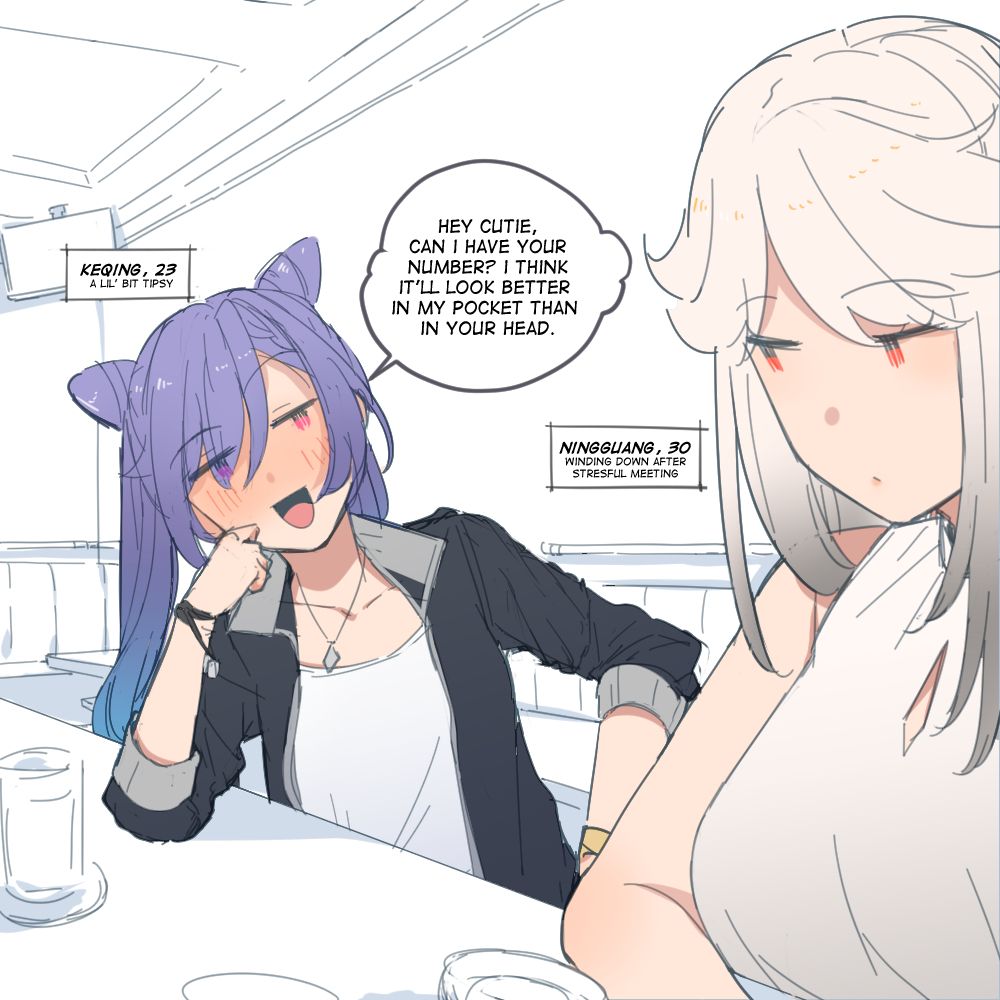 Genshin Impact characters. Keqing, who is a bit tipsy, is asking Ningguang "Hey cutie, can I have your number? I think it'll look better in my pocket than in your head." 

It is stated in the picture that Keqing is 23 years old and Ningguang 30 years old.