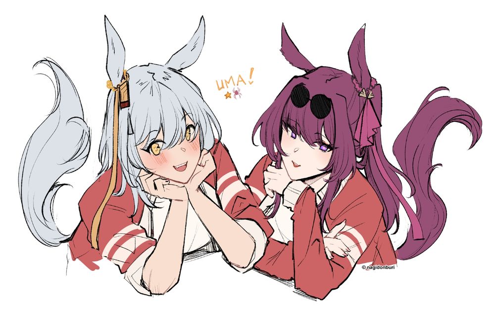 Honkai StarRail's Kafka and Stelle as horse girls from Umamusume Pretty Derby, posing to the viewer