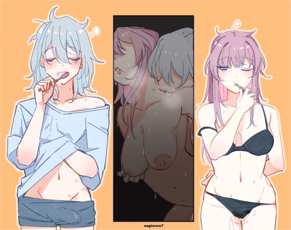 Honkai StarRail's Stelle and Kafka. The picture shows Stelle and Kafka are brushing their teeth half-naked sleepily. Stelle's still wearing shirt and shorts and Kafka's in underwear. There's a panel in the middle that shows they were having sex the night before. 