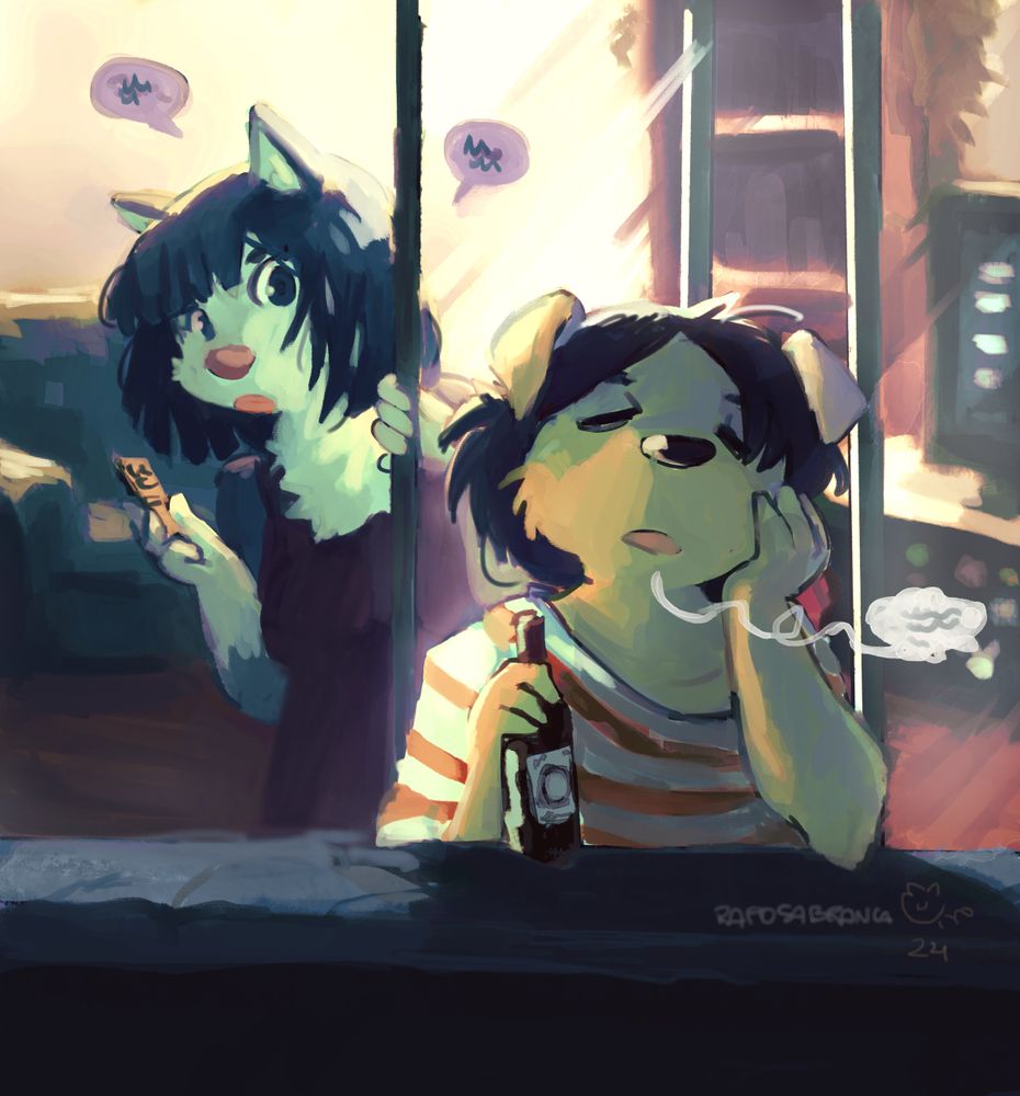 Digital art of a scene with two furries, a yellow dog on the porch looking tired and holding a beer bottle and a husky inside the apartment behind her, sliding a glass door to speak to her. 
