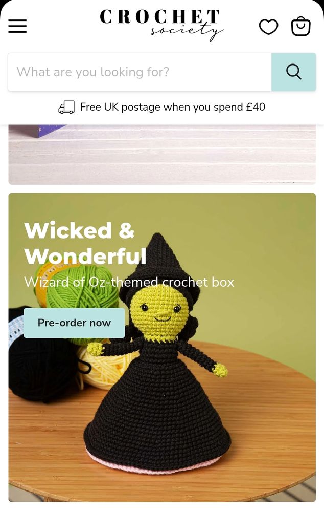 Crochet society advertising their Wicked/wizard of Oz themed crochet kit box