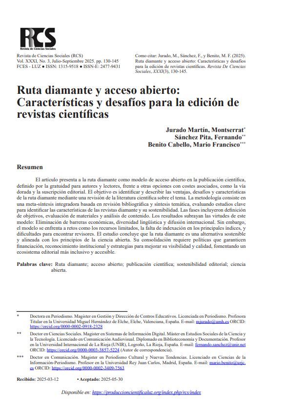 Primera página del artículo "Ruta diamante y acceso abierto: Características y desafíos para la edición de revistas científicas" publicado en "Revista de Ciencias Sociales"
