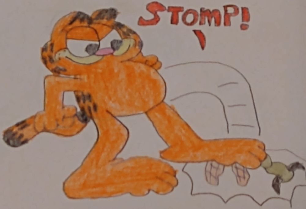 Garfield stomps on Danjim with his Big Foot just like he did to the Spiders from the comics but for Danjim as a bug for a Dragonfly, he gives him a Foot Domination by stomping on him.