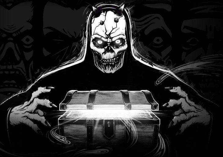 The Cryptmaster looms over a partially-opened chest.