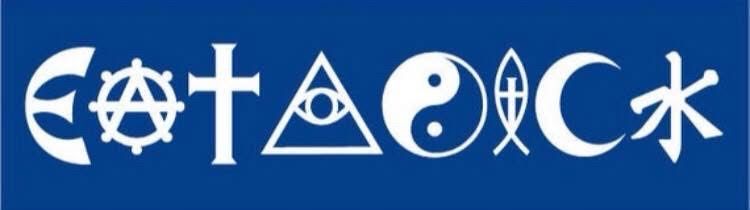 blue background with white writing like those coexist bumper stickers 