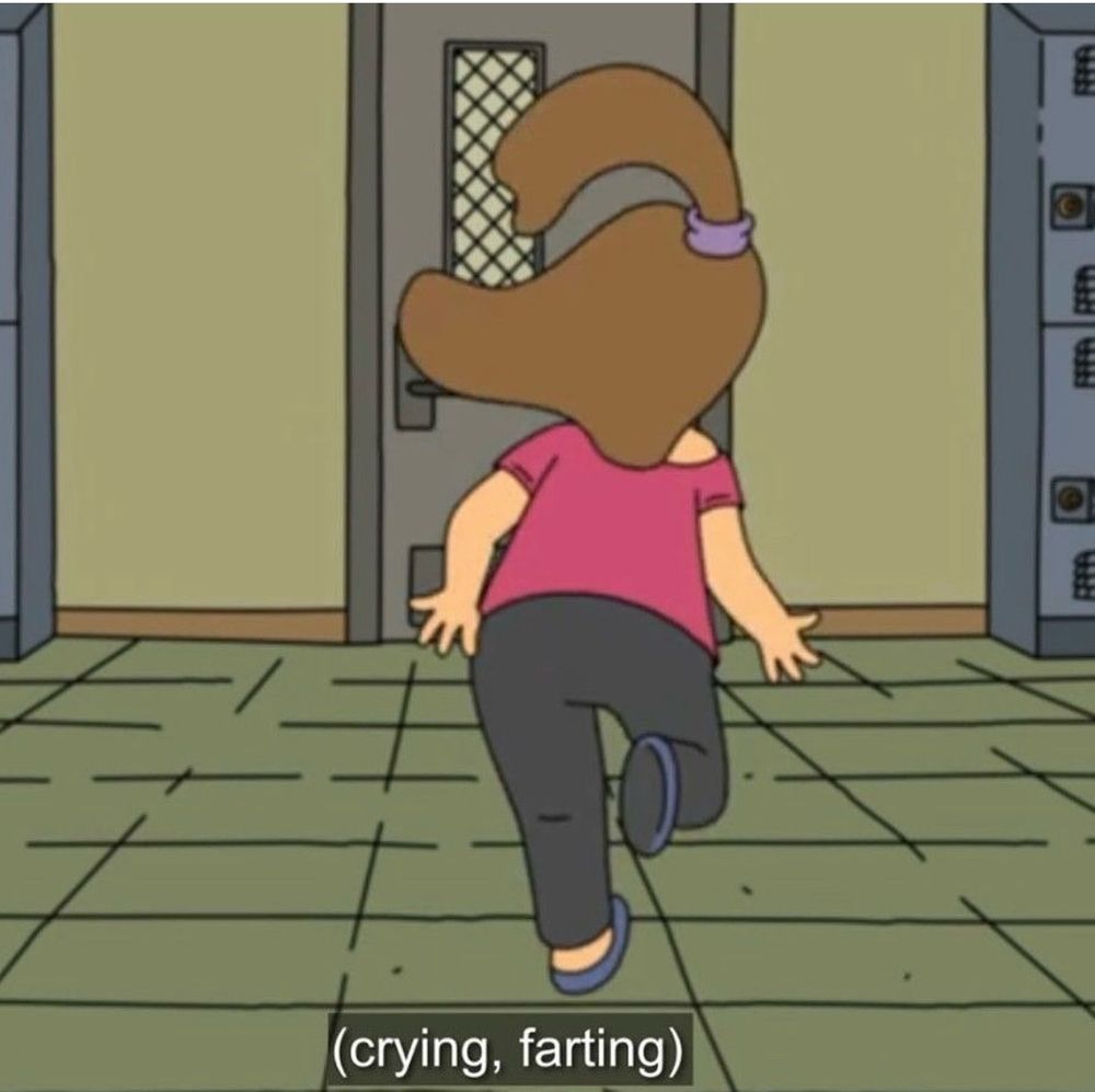 Girl from bobs burgers running away you can only see her pink shirt black pants and back of head with brown hair but it says at the bottom (crying, farting)