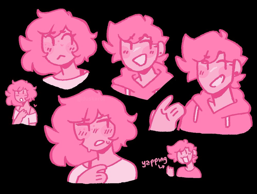 Six small doodles of Torin and Alex in pink, with various different expressions.
