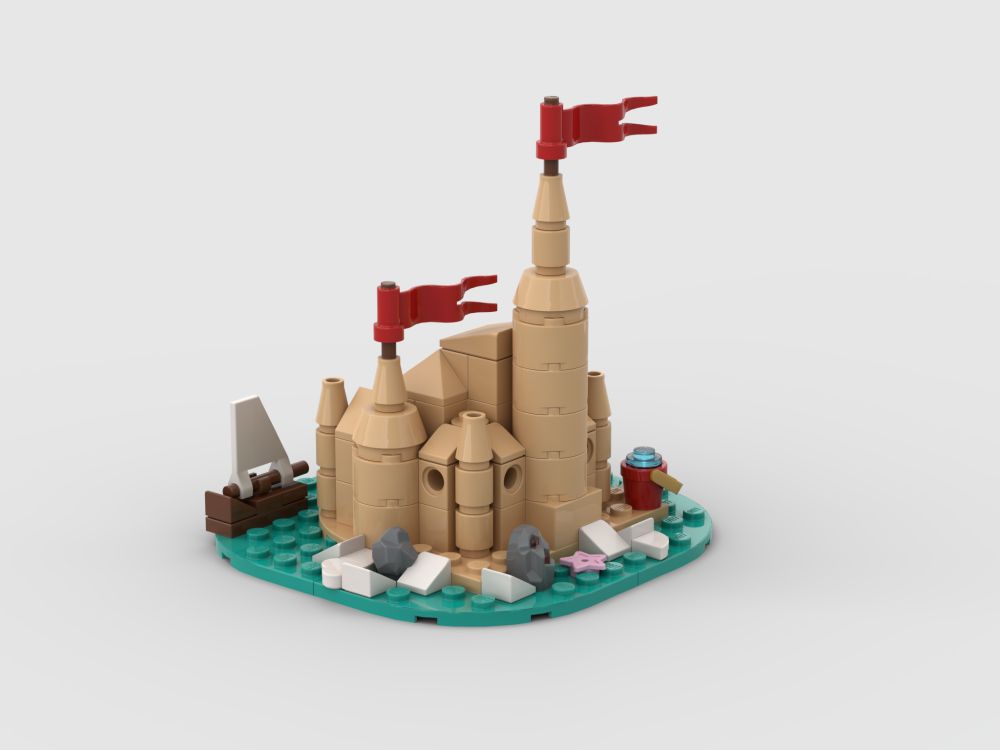 Back view of the Lego sandcastle. A rock with gems is visible along with more Lego waves and the other side of the little ship.