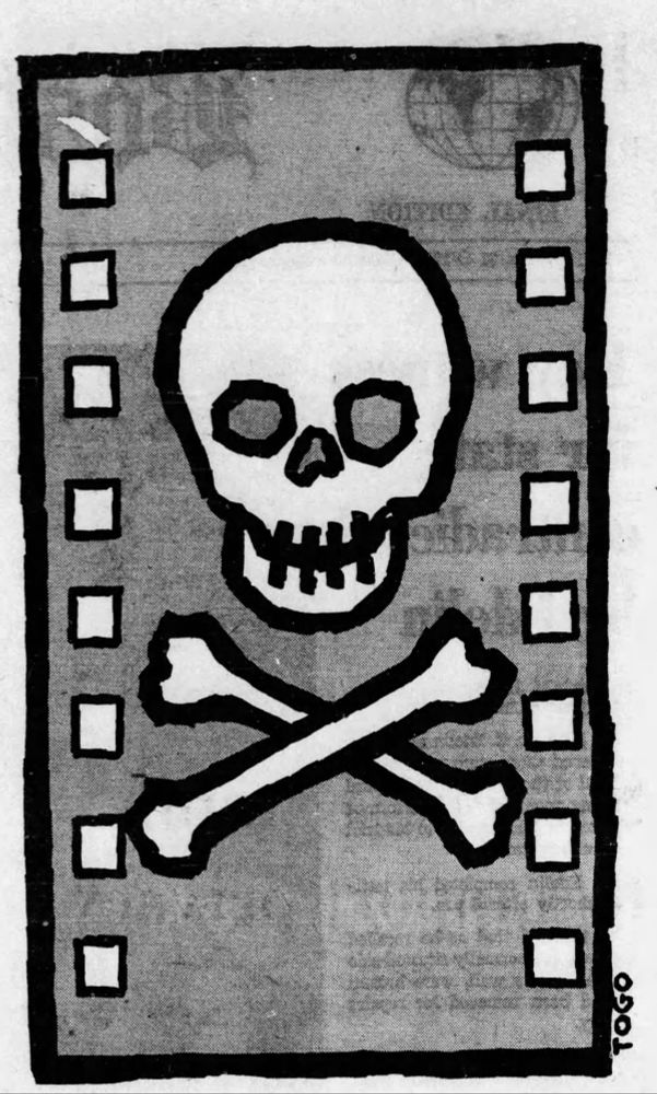 Drawing of a strip of motion picture film with an image of a skull and crossbones.
