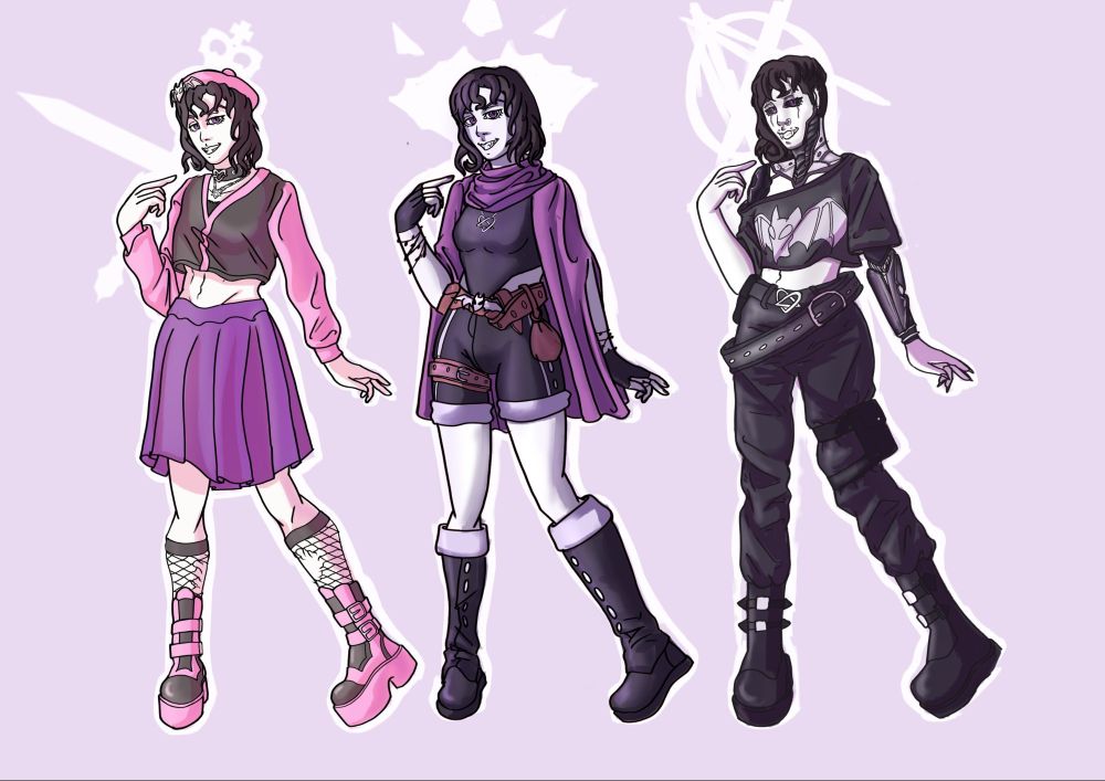 The picture features the same Oc, Clara, in different TTRPG themes

the first one is a Tremere, she wears a pink baret, medium hair, a black cropped with pink sleeves, a purple skirt, fishnets and black/pink boots

the second one is a warlock, she wears a purple cloak, a pression shirt, with 3 belts, black shorts and black boots.

the third one is a rockergirl, she has a sidecut hair, wears a black cropped top with a bat stamp on the middle, 2 belts, a black cargo pants and boots. She has a mechanical left arm and cybernetic augments on her neck and the cheeks of her face, all black also