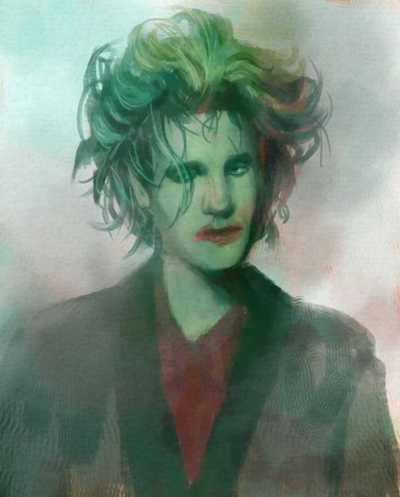 a oil painting-style portrait of Robert Smith from The Cure. The painting has mainly green colors, along with dark blue as shadows and stains of red along his mouth. His hair is messy and he looks tired