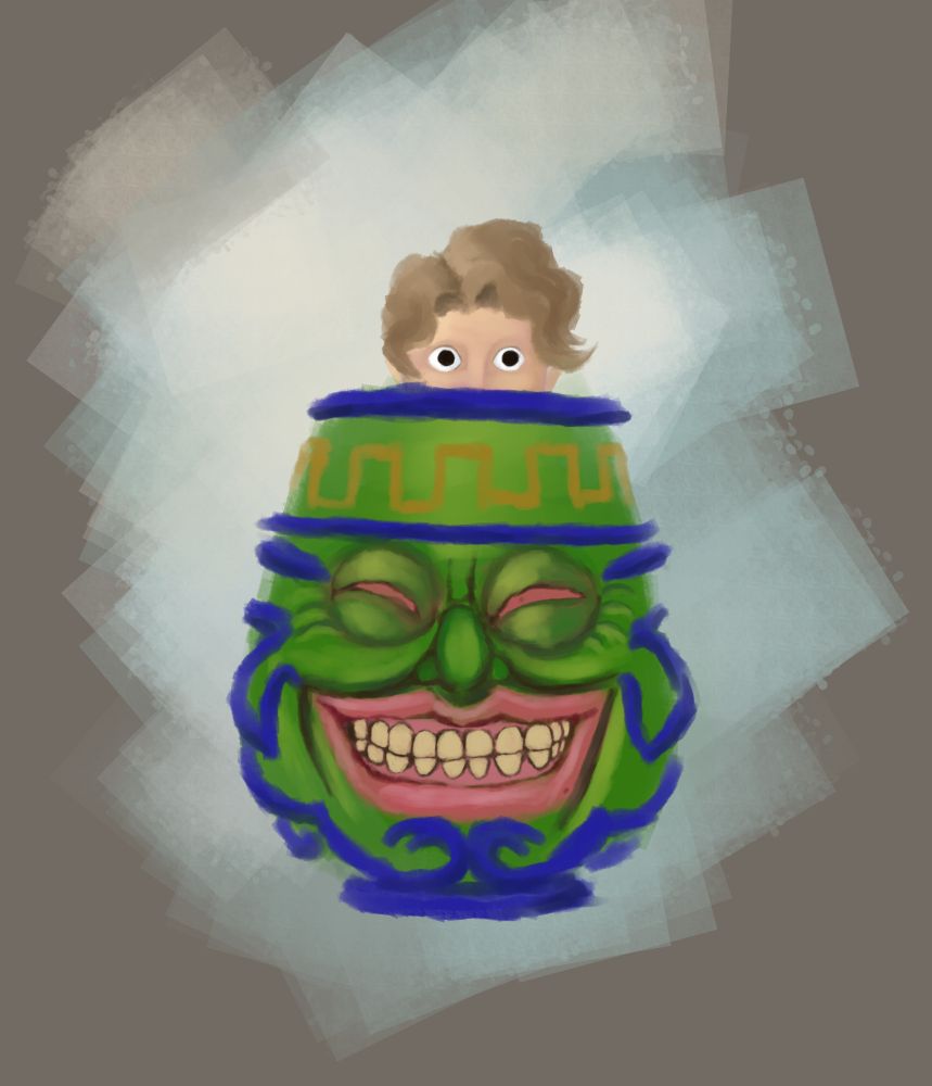 Bill from Pokemon peering out of a Pot of Greed from Yu-Gi-Oh.