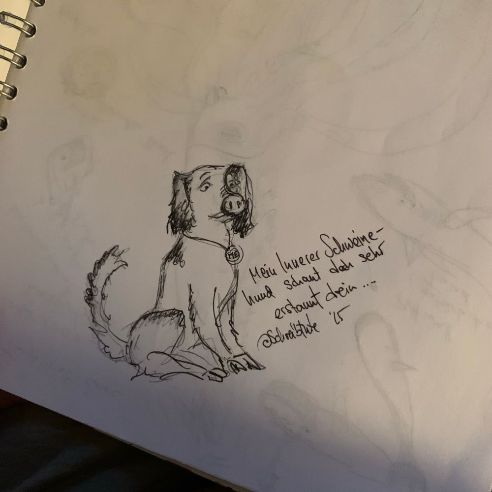 Eine Skizze mit schwarzem Fineliner:
Ein Tier, das eine Mischung aus Hund und Schwein zeigt. Sitzt wie ein Hund, hat Fell und eine lange flauschige Rute, Schlappaohren, jedoch mit Schweineklauen anstelle von Pfoten und einen Schweine-Rüssel.
Daneben der Text: „mein Innerer Schweinehund schaut sehr erstaunt drein.“
Ich finde, der Blick ist eher überrascht, leicht besorgt oder schockiert. 