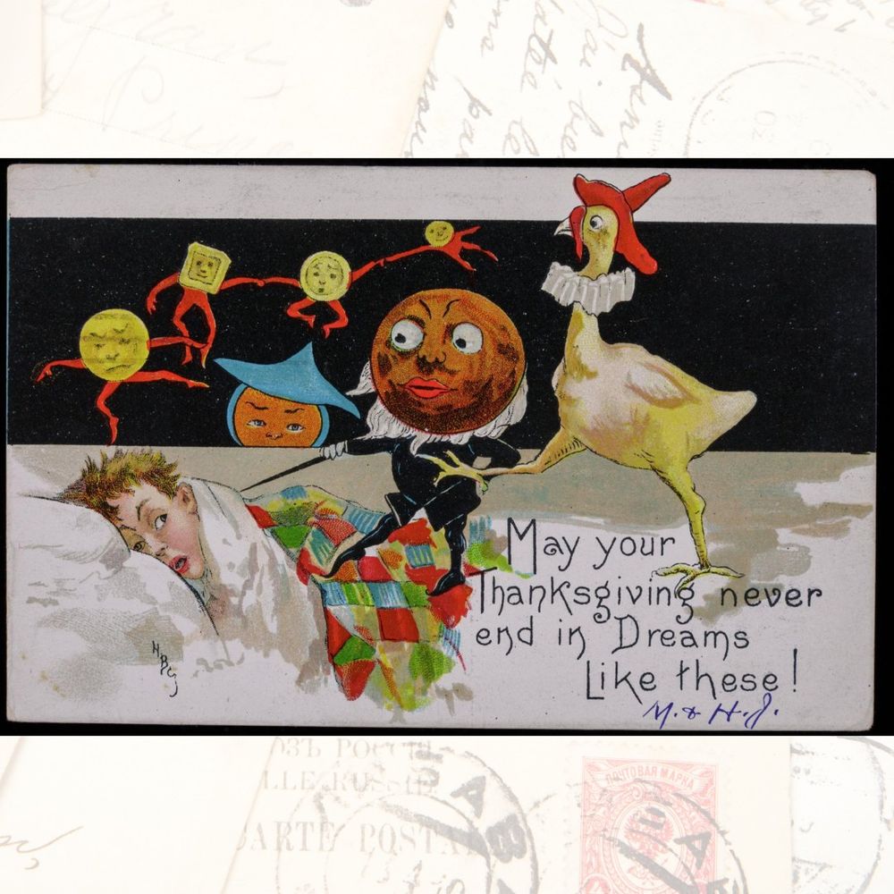 Vintage postcard of a boy in bed, with figures from his dreams surrounding him, including a turkey with a hat.
