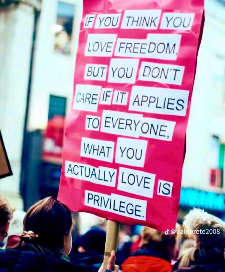 Pink sign at a rally being held up from the crowd by someone in a ponytail

IF YOU
THINK
YOU
LOVE FREEDOM, BUT YOU| DON'T
CARE IF IT APPLIES TO EVERY ONE,
WHAT
YOU
ACTUALLY
LOVE
IS
PRIVILEGE