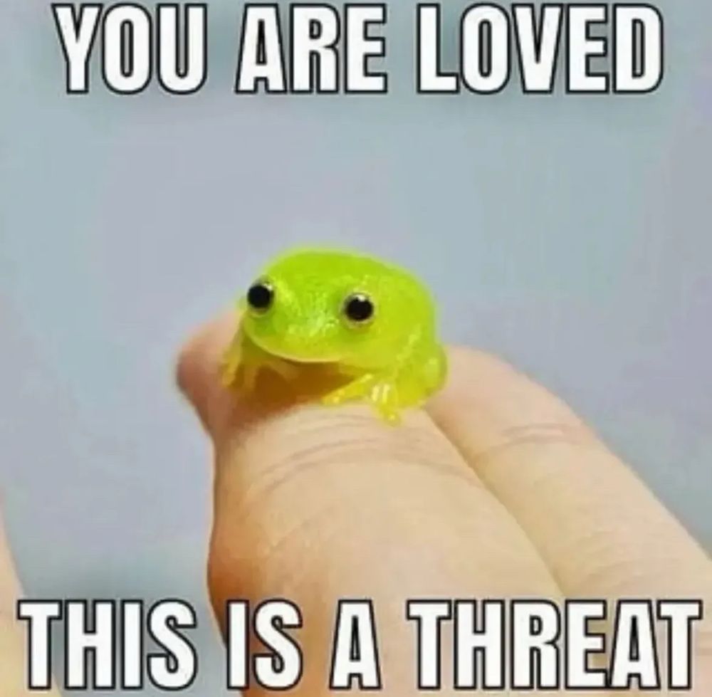 The teeniest greenies frog, sitting on a fingertip. The text says 

YOU ARE LOVED
THIS IS A THREAT

Cuuute huh

(You should prob feel threatened! I do!)