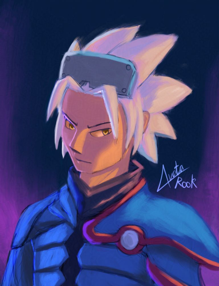 Picture of a white haired young man in a blue outfit looking annoyed at the viewer. Made this while testing a new brush at the time.