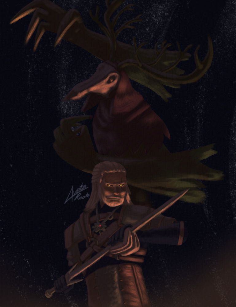 A scowled faced man coating his sword with a deadly oil while a forest monster attempts to attack from behind. The man is clearly aware of its presences tho.