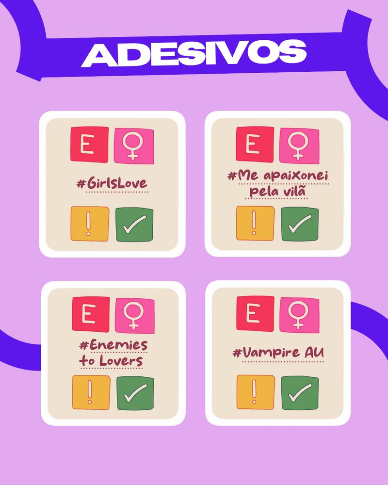 imagem escrito "adesivos", com quatro adesivos no modelo de AO3 com temática sáfica
