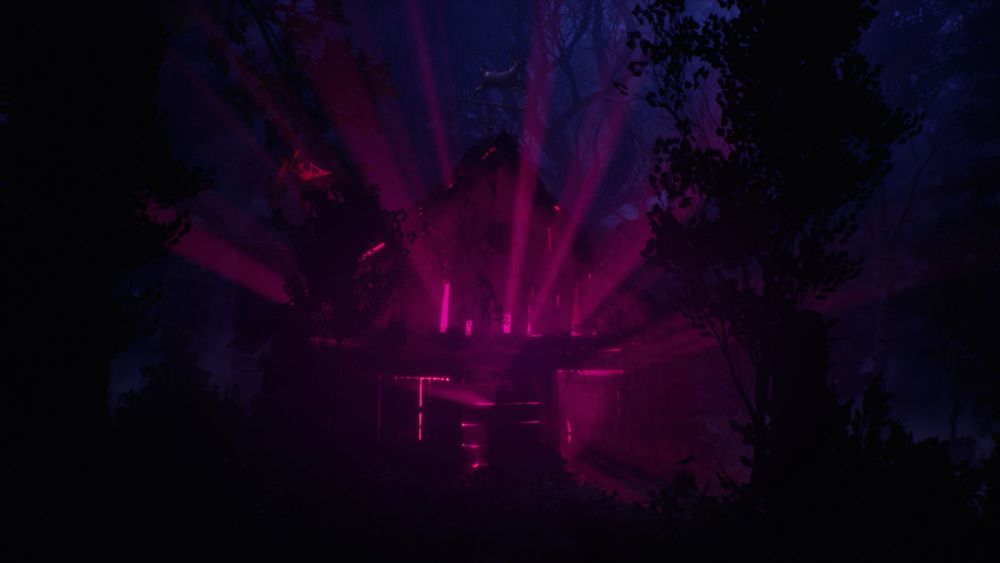 A cabinet in a dark forest erupts with pink lighting from within 