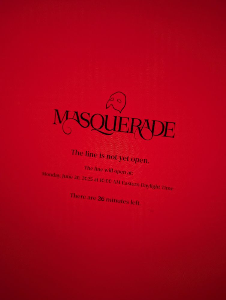 A red screen for tickets for the immersive Phantom of the Opera experience ' Masquerade ' with a timer at the bottom of the page. 

